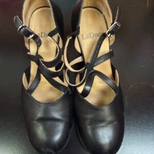 LaDuca Black Leather Cross-Strap Women’s Heels